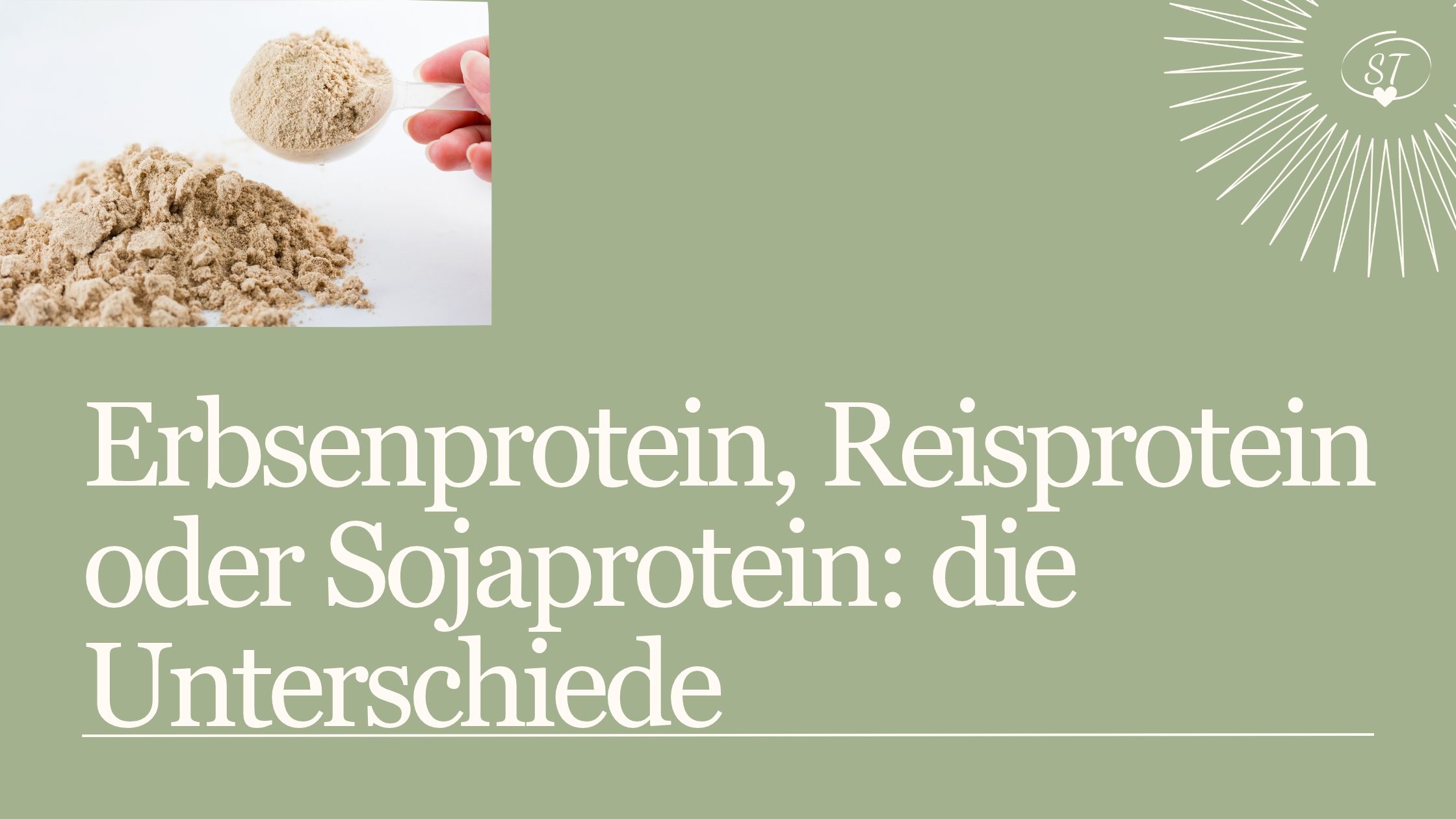 Messlöffel mit hellem Proteinpulver neben einem Pulverhaufen. Titelbild zum Vergleich von Erbsenprotein, Reisprotein und Sojaprotein.